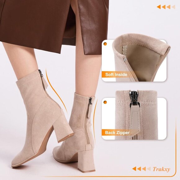 Women's Square Toe Ankle Chestnut Boot Faux Suede Low Apricot Heel Chelsea Shoes - Picture 4 of 7